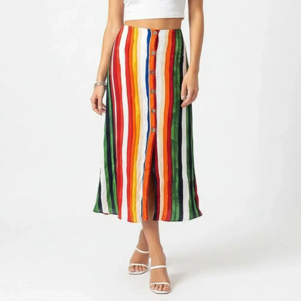 Olivaceous Striped Button Up A Line Midi Skirt M